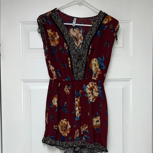 Xhilaration Pants - Xhilaration Floral Romper- Burgundy and Blue